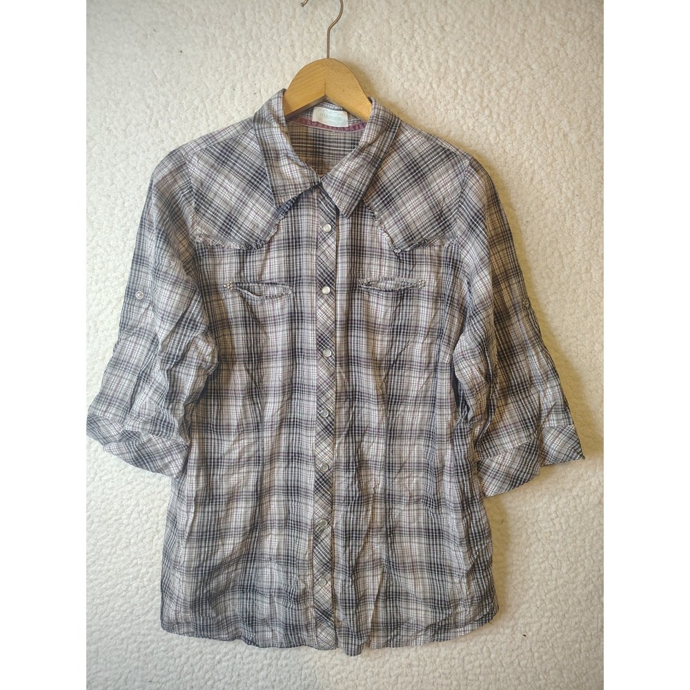 Maurices Plaid Western Snap Button Shirt Grey Purple Rose Back Graphic Top